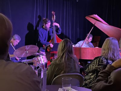 Friday Jazz on Feb 2nd: Jed Wilson with Scott Kiefner on bass and Tim Gilmore on drums. Image from 10/21/22 performance.